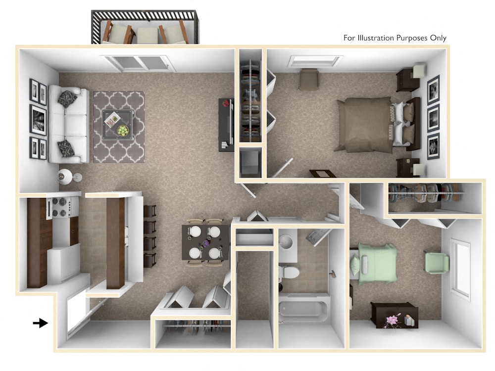 Floor plan for 2 beds, 1 bath, 825 sqft